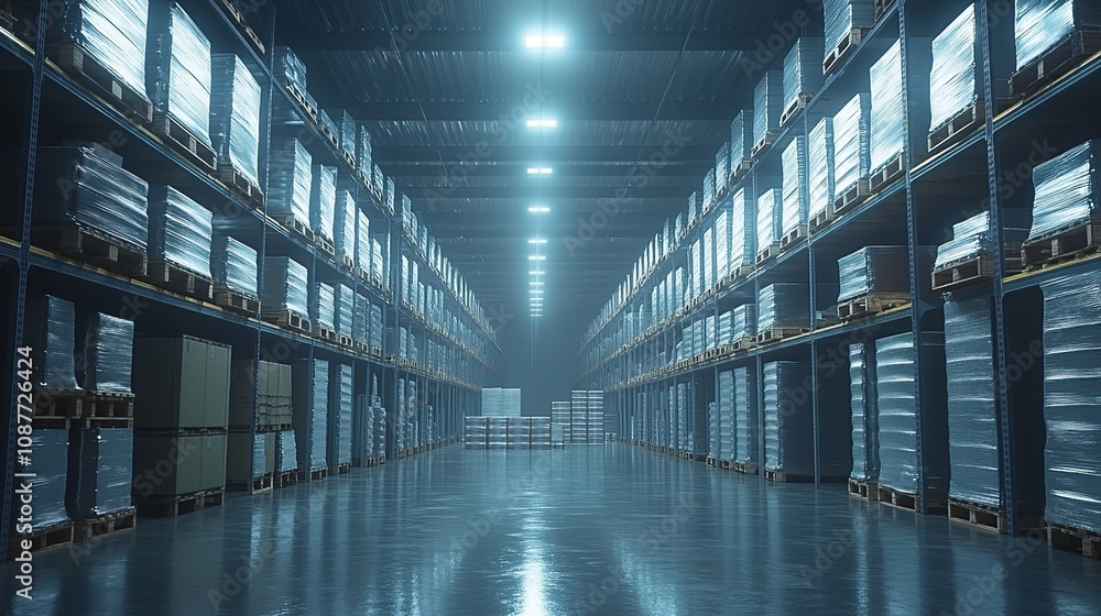 A spacious warehouse with stacked pallets and shelves, illuminated for storage efficiency. A spacious warehouse with stacked pallets and shelves, illuminated for storage efficiency.