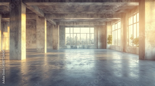 Spacious industrial interior with large windows and city view, ideal for office or studio use.