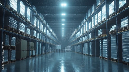 A spacious warehouse with stacked pallets and shelves, illuminated for storage efficiency.