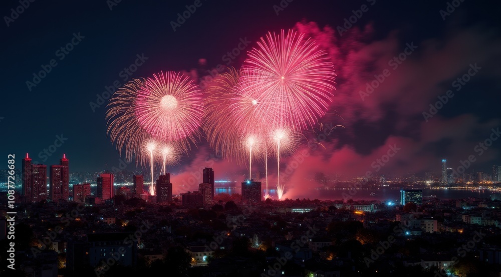 Bright red and gold fireworks illuminate the night sky over a cityscape, celebrating the New Year