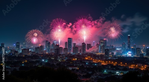 Bright red and gold fireworks illuminate the night sky over a cityscape, celebrating the New Year