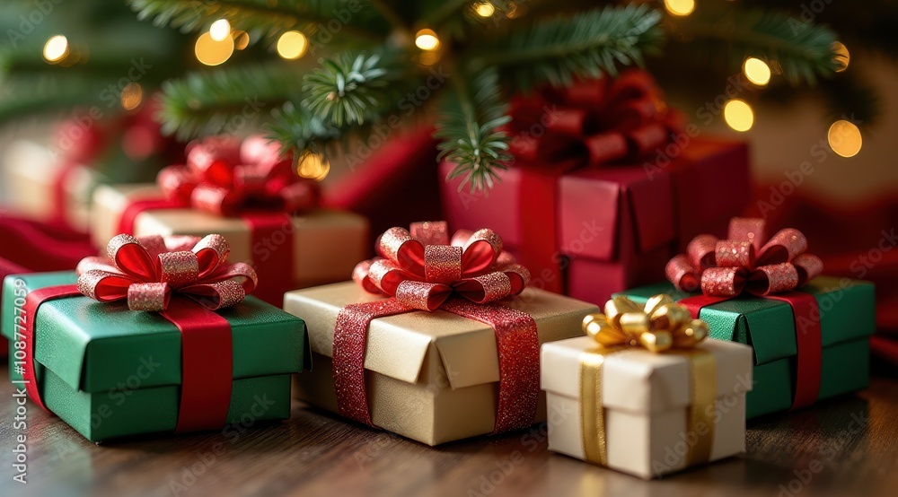 Festive Christmas gifts with shiny bows under a decorated tree create a cozy holiday atmosphere, perfect for capturing the joy of the season Festive Christmas gifts with shiny bows under a decorated tree create a cozy holiday atmosphere, perfect for capturing the joy of the season