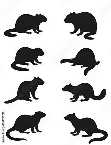 A set of rodent silhouettes and water mammal designs including beavers, muskrats, otters, minks and nutrias with white backgrounds exist. photo