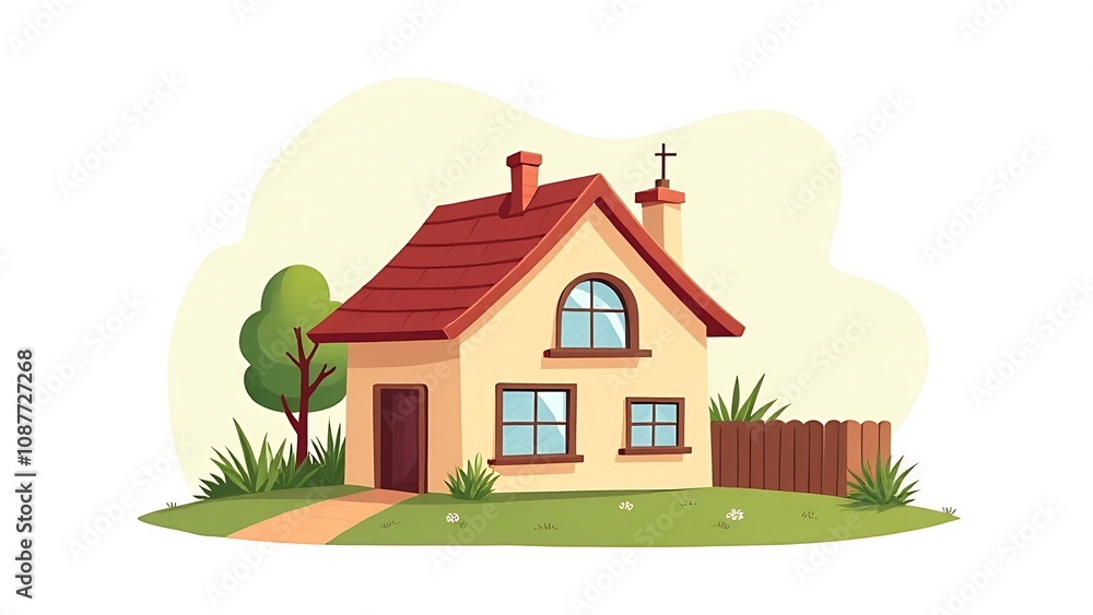 Fototapeta premium A simple vector illustration of a cozy home with a garden and roof, in a cute cartoon style, isolated on a white background.