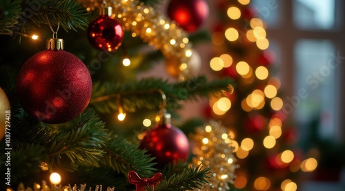 Festive Christmas tree decorated with red baubles and golden lights creating a warm, cozy holiday atmosphere