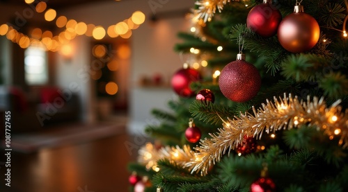 A beautifully decorated Christmas tree adorned with red and gold ornaments and sparkling lights in a cozy, warmly lit living room