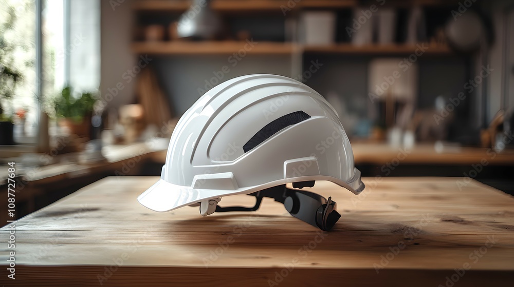 White safety helmet placed on a wooden table