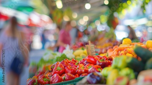 Slightly distorted view of a lively farmers market full of fresh local goods. photo