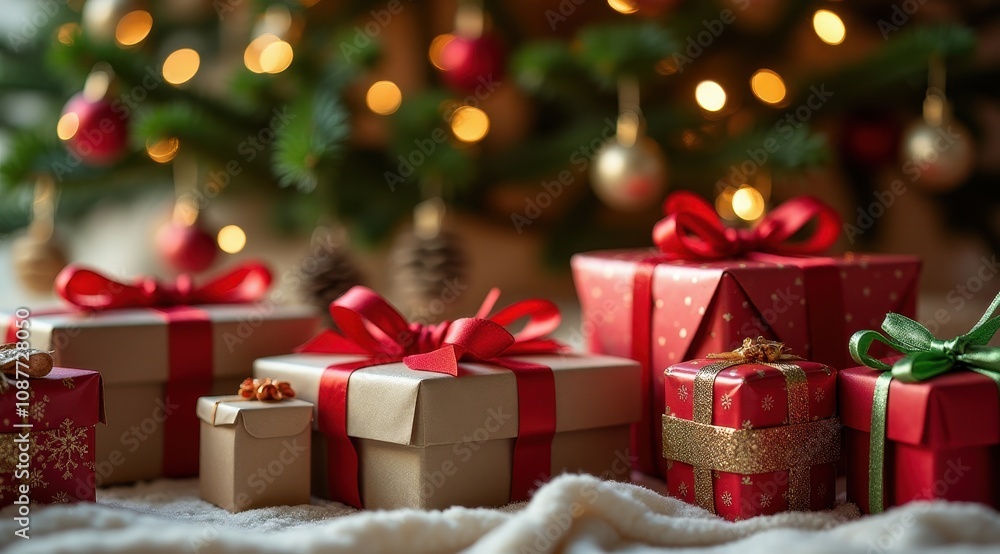 Festive wrapped Christmas presents with ribbons under a decorated tree create a warm holiday ambiance with glowing lights Festive wrapped Christmas presents with ribbons under a decorated tree create a warm holiday ambiance with glowing lights