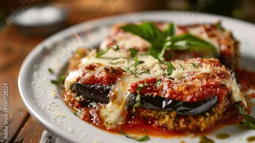 A mouthwatering plate of Italian eggplant Parmesan, layers of breaded and fried eggplant slices with marinara sauce and melted mozzarella cheese