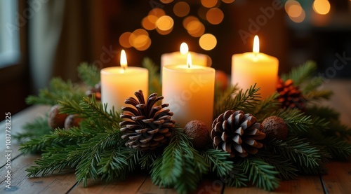 Elegant Christmas candle centerpiece with pinecones and greenery creates warm, festive ambiance, enhancing holiday decor and cozy home atmosphere