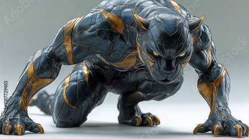 A stylized, muscular panther figure in a dynamic pose, showcasing intricate details and colors. photo