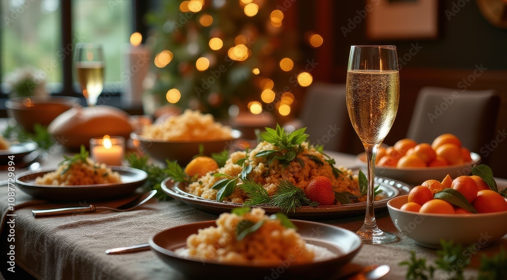 Festive dinner setting with dishes beautifully arranged on a table, featuring sparkling wine, vibrant fruits, and a softly lit candle, creating a warm holiday ambiance Festive dinner setting with dishes beautifully arranged on a table, featuring sparkling wine, vibrant fruits, and a softly lit candle, creating a warm holiday ambiance