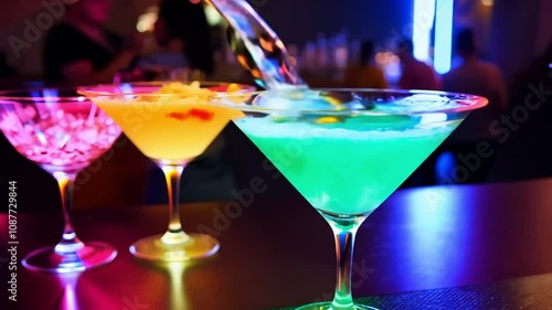 Colorful cocktail drinks displayed on a bar in a lively nightlife setting