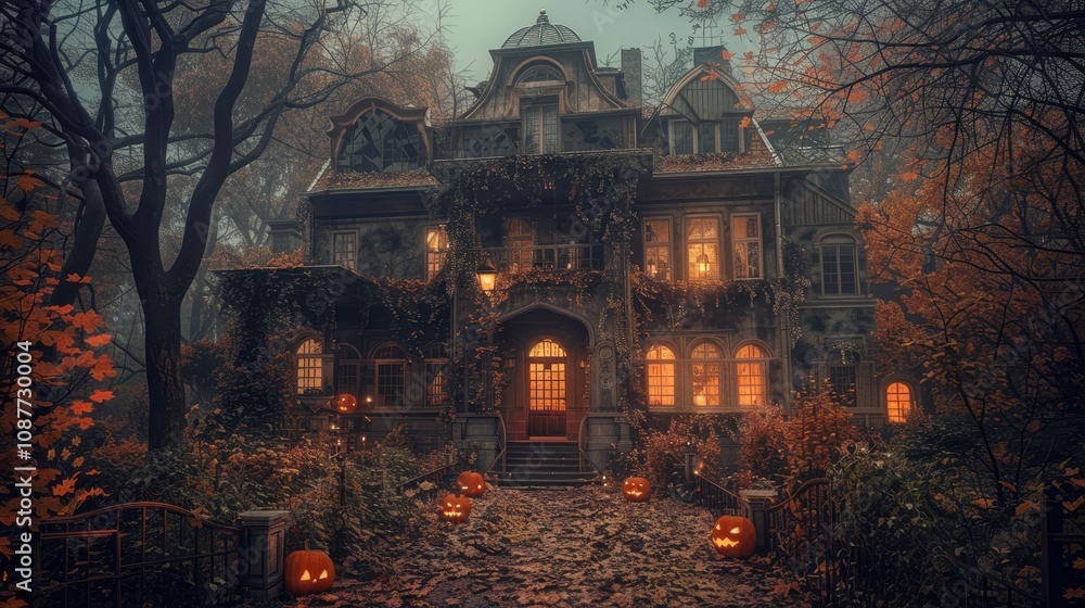 Gothic Mansion with Jack-O'-Lanterns on Misty Autumn Evening Surrounded by Orange Foliage and Creepy Atmosphere Gothic Mansion with Jack-O'-Lanterns on Misty Autumn Evening Surrounded by Orange Foliage and Creepy Atmosphere