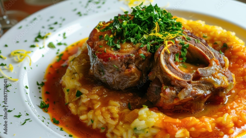 A mouthwatering plate of Italian osso buco, braised veal shanks served with gremolata and creamy risotto Milanese A mouthwatering plate of Italian osso buco, braised veal shanks served with gremolata and creamy risotto Milanese