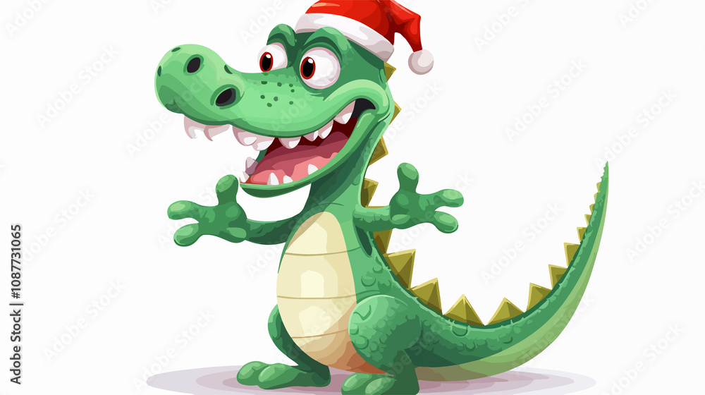 Fototapeta premium Cheerful Alligator Next to Christmas Tree Vector Illustration