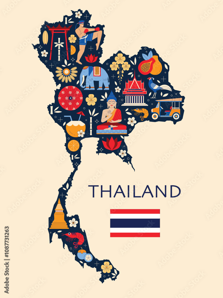 Thailand Travel Symbols and Landmarks in Map Shape
