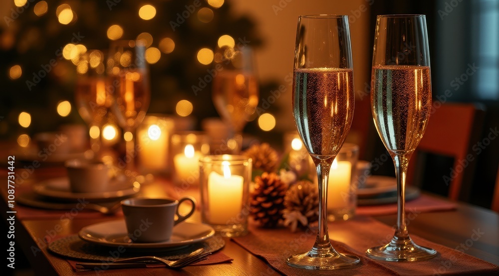 Festive table setting with champagne flutes, glowing candles, and holiday decorations creates a warm, inviting atmosphere for celebrations and gatherings Festive table setting with champagne flutes, glowing candles, and holiday decorations creates a warm, inviting atmosphere for celebrations and gatherings