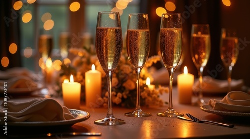 A luxurious dinner table setting with glowing candles and elegant champagne flutes creates a warm and festive atmosphere