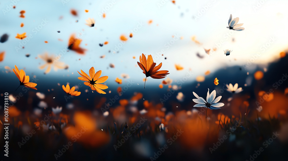 Beautiful artistic scene of orange and white flowers floating in the air with a blurred background depicting a serene landscape under a clear sky. Beautiful artistic scene of orange and white flowers floating in the air with a blurred background depicting a serene landscape under a clear sky.