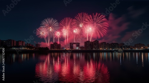 Vibrant red fireworks lighting up a night city skyline during new year celebrations