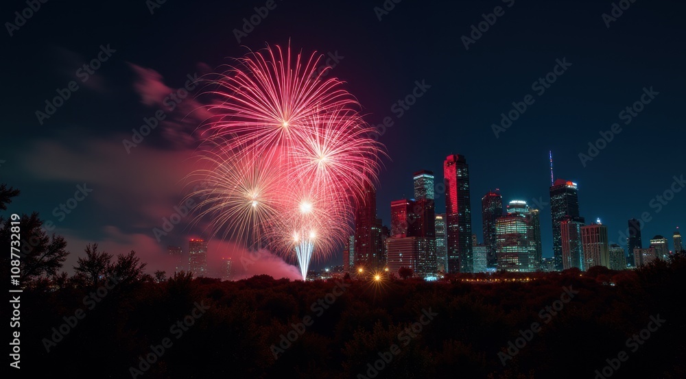 Vibrant red fireworks lighting up a night city skyline during new year celebrations Vibrant red fireworks lighting up a night city skyline during new year celebrations