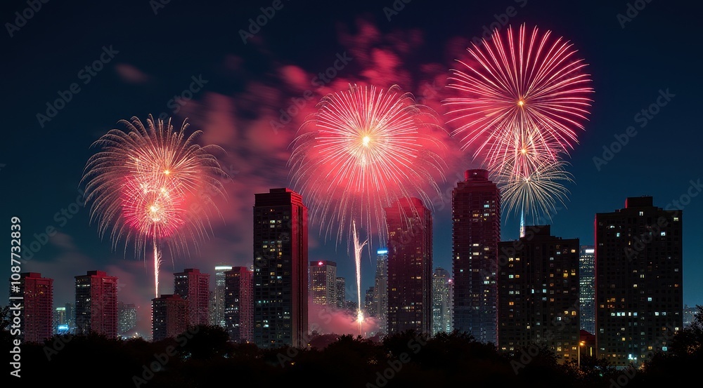 Vibrant red fireworks lighting up a night city skyline during new year celebrations Vibrant red fireworks lighting up a night city skyline during new year celebrations