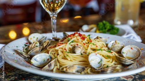 A mouthwatering plate of Italian spaghetti alle vongole, pasta with fresh clams photo