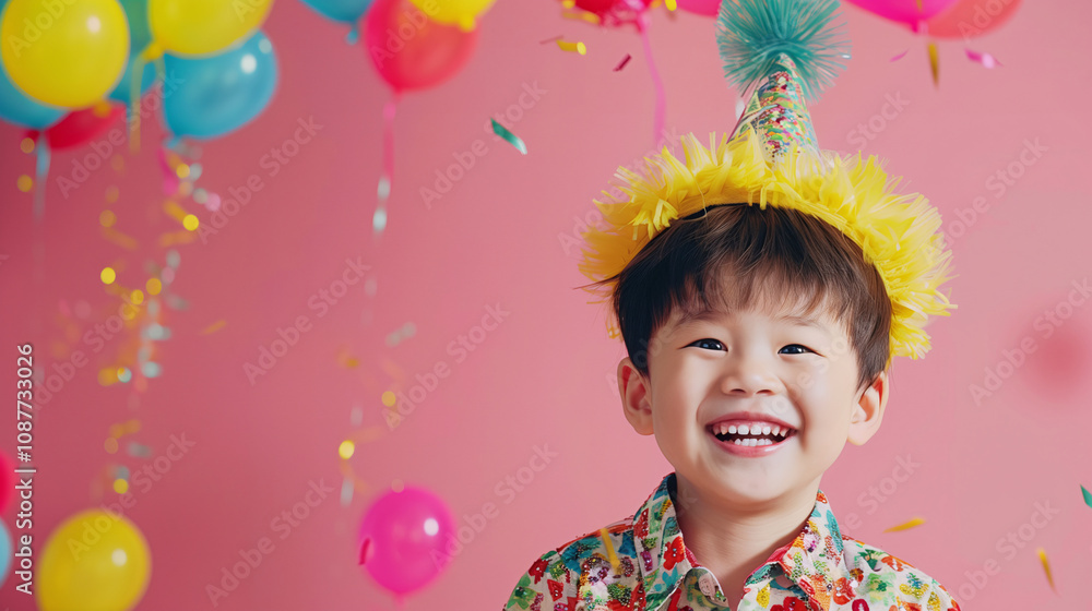 A cute and happy boy dressing in colorful clothes and wearing a party hat on a white background with balloons and copy space for text. Pink color tone. A cute and happy boy dressing in colorful clothes and wearing a party hat on a white background with balloons and copy space for text. Pink color tone.