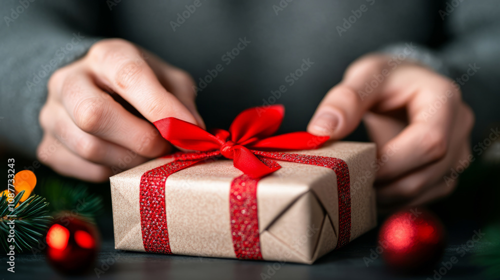 Close-up of hands tying a red ribbon on a beautifully wrapped Christmas gift with festive decorations nearby Close-up of hands tying a red ribbon on a beautifully wrapped Christmas gift with festive decorations nearby