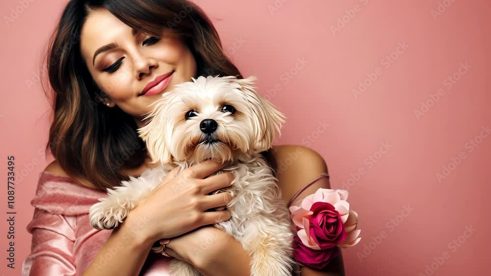 A cute woman in a dress holds and hugs a white Yorkshire terrier dog on a pink background. A cute woman in a dress holds and hugs a white Yorkshire terrier dog on a pink background.