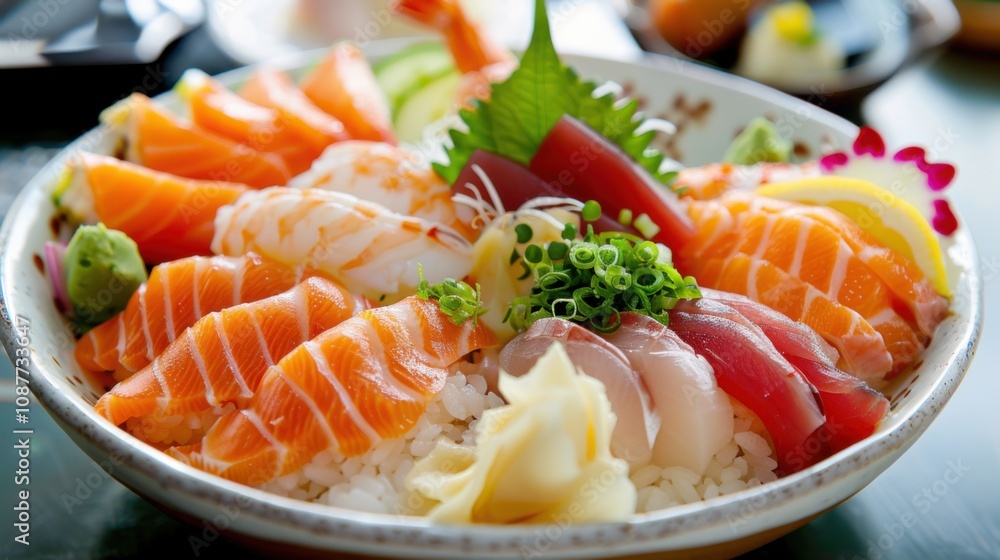 A mouthwatering plate of Japanese chirashi sushi, assorted sashimi and seafood over sushi rice A mouthwatering plate of Japanese chirashi sushi, assorted sashimi and seafood over sushi rice