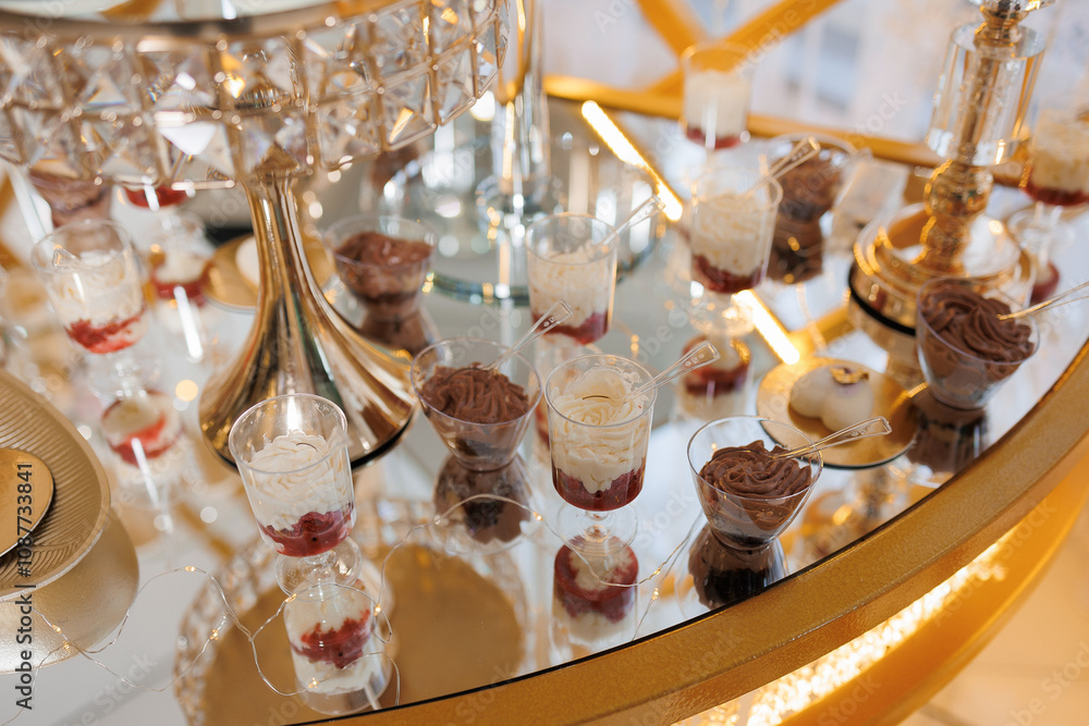 A table with a variety of desserts in small cups. The desserts are arranged in a way that makes them look like they are on a tray. The table is set up for a party or a special occasion