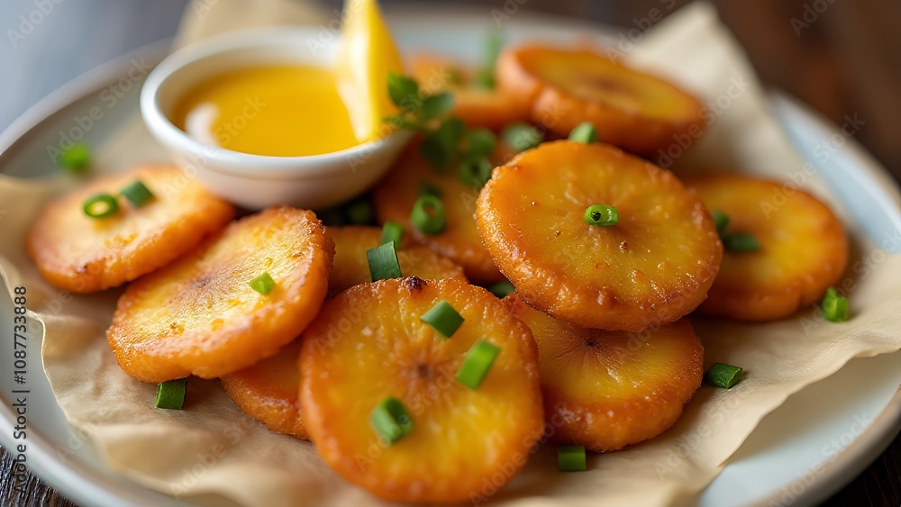 Cuban tostones are twice fried plantain slices served with a flavorful garlic dipping sauce as part of Hispanic heritage month traditions. Cuban tostones are twice fried plantain slices served with a flavorful garlic dipping sauce as part of Hispanic heritage month traditions.
