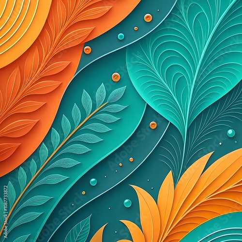 Vibrant abstract art with layered teal and orange leaf patterns, intricate textures, and decorative dots creating a dynamic botanical design. photo