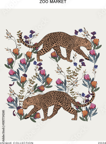 Poster with leopard and floral elements, colored on a light beige background