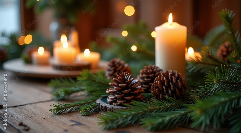 Cozy holiday table decor with lit candles, pinecones, and evergreen branches creates a warm and inviting atmosphere Cozy holiday table decor with lit candles, pinecones, and evergreen branches creates a warm and inviting atmosphere