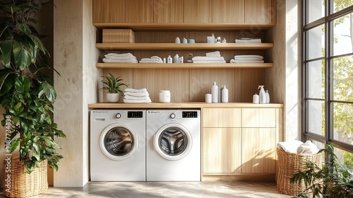 Modern laundry room with washing machines, shelves, and organized towels.