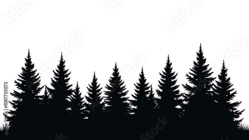 Evergreen forest firs and spruces create stark black shapes against a white background, resembling natural woodland trees in vector illustration. photo