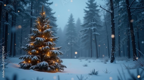 A glowing Christmas tree covered with snow in a tranquil winter forest under soft evening light