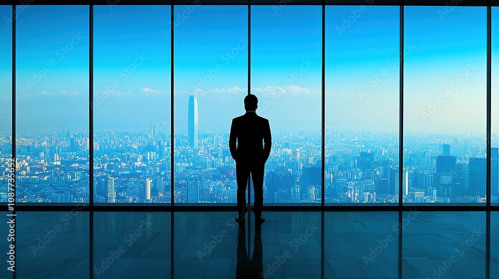 A silhouette of a person gazing out at a city skyline through large glass windows. A silhouette of a person gazing out at a city skyline through large glass windows.