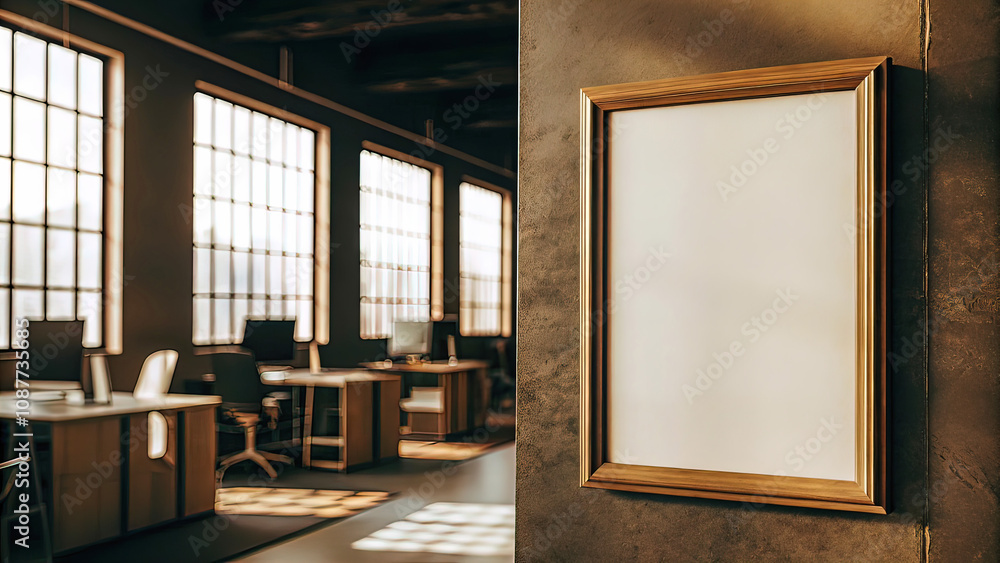 Blank poster in frame on wall in Modern office. 3D rendering