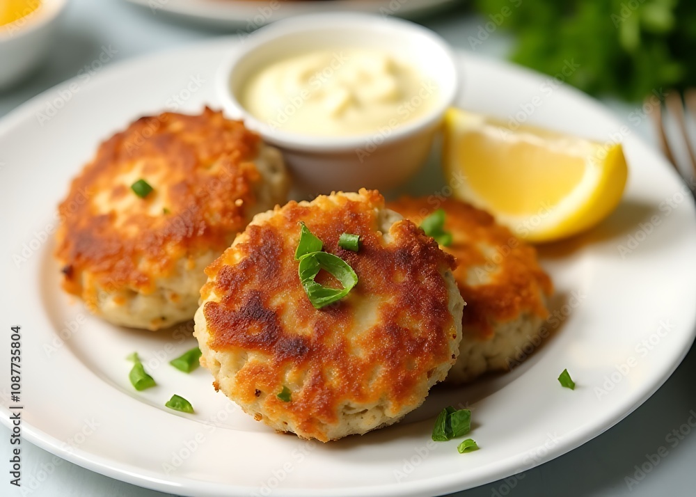 Freshly made crab cakes served atop a crisp white plate accompanied by tangy remoulade sauce and a slice of lemon. Freshly made crab cakes served atop a crisp white plate accompanied by tangy remoulade sauce and a slice of lemon.