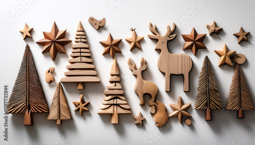 Wooden ornaments in the shape of Christmas trees, reindeer, and stars, arranged on a plain white surface
