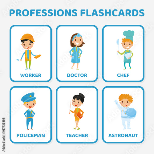 Different Profession Flashcard with Boy and Girl Character Vector Set