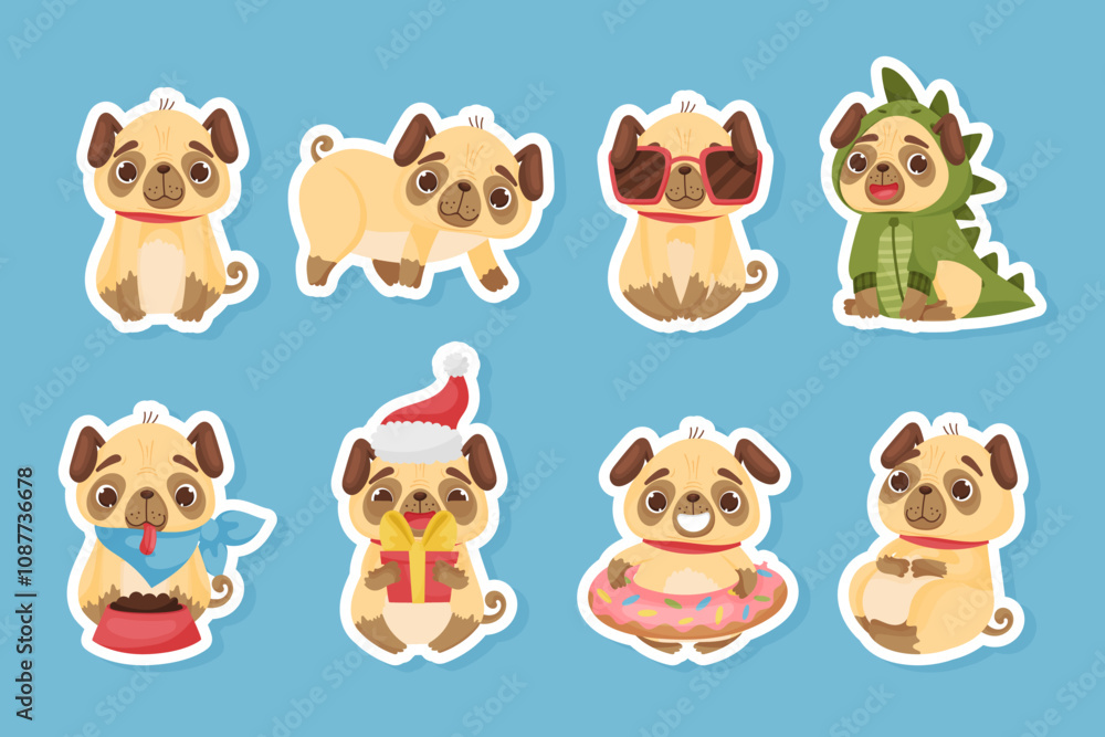Beige Pug Puppy Dog Character with Funny Snout Vector Set Beige Pug Puppy Dog Character with Funny Snout Vector Set