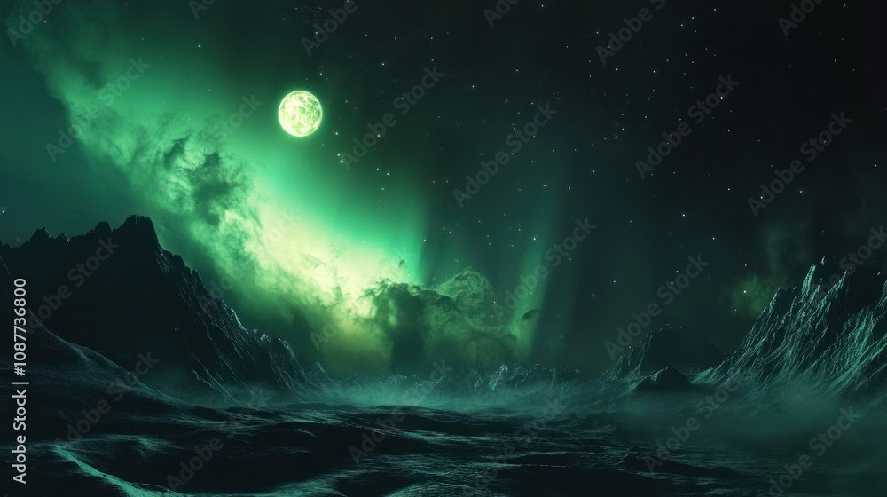 A surreal alien landscape with a glowing moon and northern lights. A surreal alien landscape with a glowing moon and northern lights.