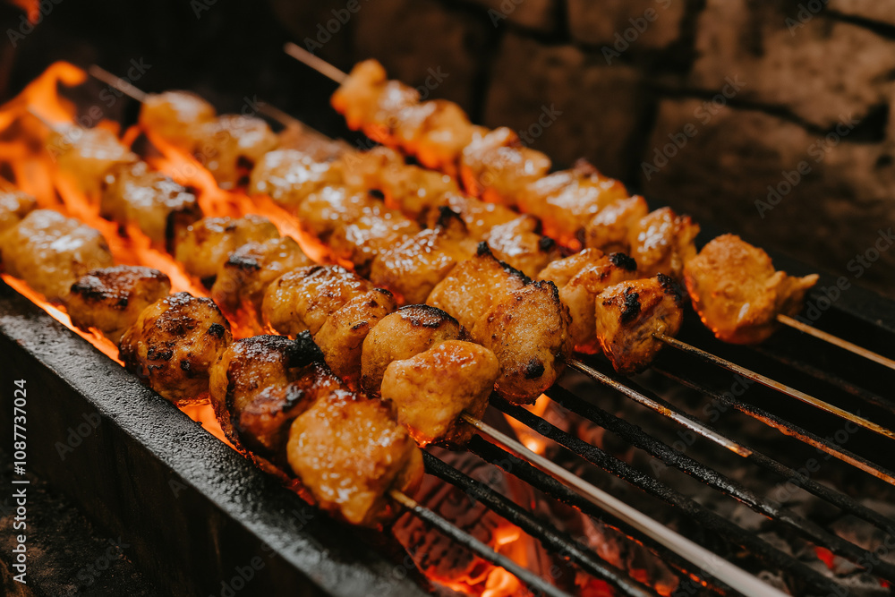 Gegrillte Fleischspieße mit Flammen im Hintergrund
Gegrillte Fleischspieße mit Flammen im Hintergrund