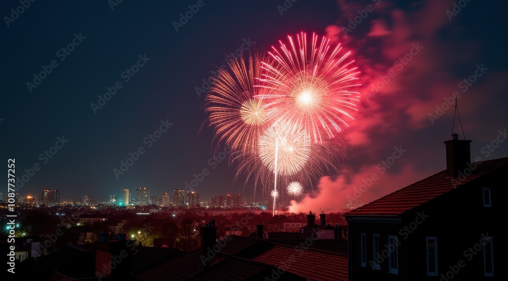Vibrant red fireworks lighting up a night city skyline during new year celebrations Vibrant red fireworks lighting up a night city skyline during new year celebrations